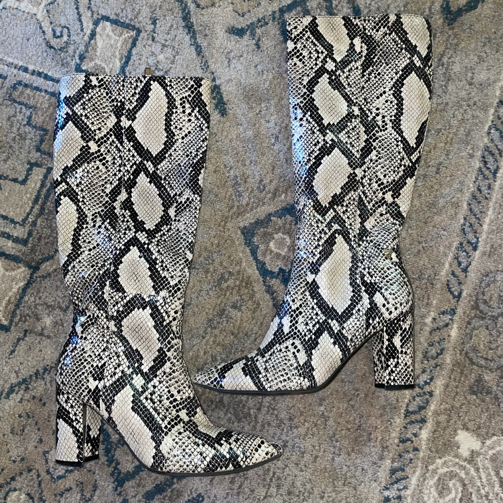 Guess Snakeskin Pointed Toe Knee High Boots